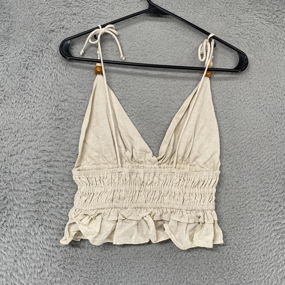 Sim & Sam Crop Tank Top Womens Small Linen Ruffle Boho Beach Babydoll Coastal - Picture 9 of 13
